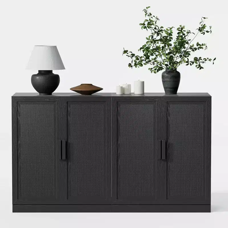 PexFix 62 W x 31 H Modern Sideboard Cabinet with 4-Doors Rattan Panels Buffet Console Accent Storage Cabinet for Hallway Entryway Dining Room Black
