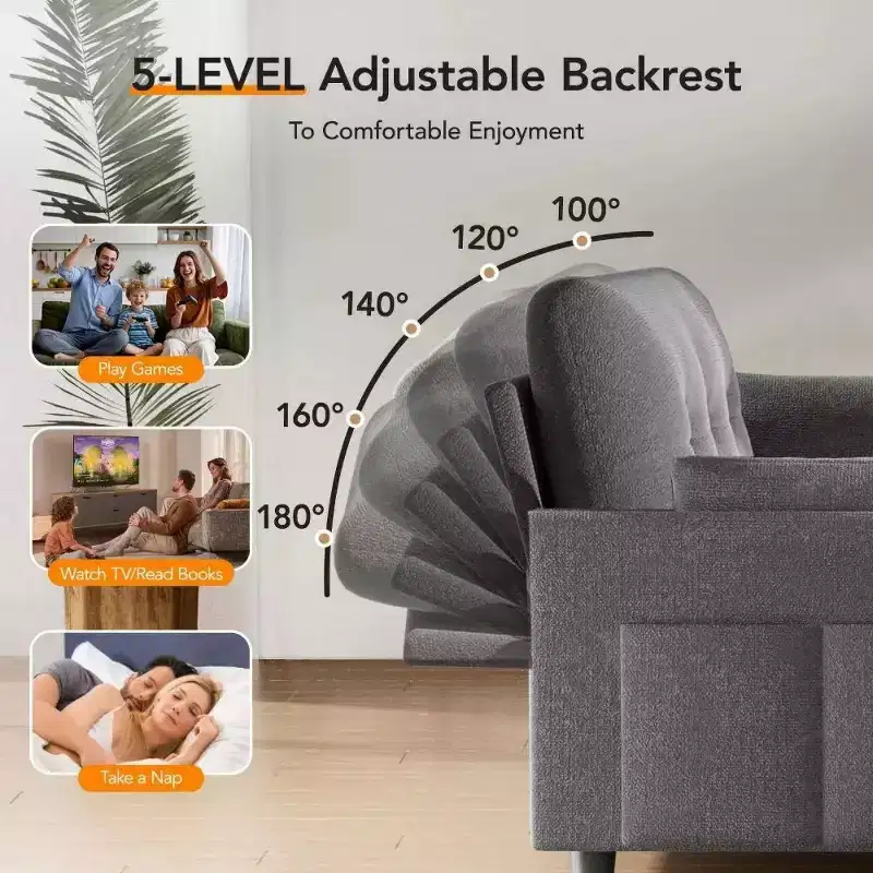 51 Inch 3-in-1 Pull-Out Sleeper Sofa Bed, Convertible Loveseat with Reclining Adjustable Backrest, Chenille Upholstered Couch, Side Pocket