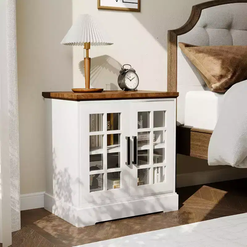 24 Inch Nightstand with Charging Station, Tempered Glass Door and Adjustable Shelves, Farmhouse Style Wood Nightstand