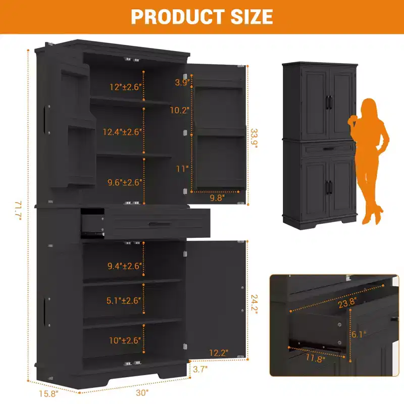 72 Inch Tall Pantry Cabinet, Farmhouse Kitchen Storage Cabinet with Drawer, 4 Adjustable Shelves, 6 Door Shelves, Kitchen Pantry for Dining Room