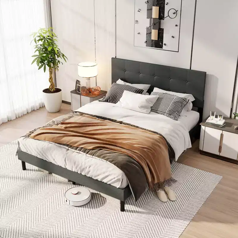 Queen Size Linen Upholstered Platform Bed Frame with Tufted Headboard, Dark Gray
