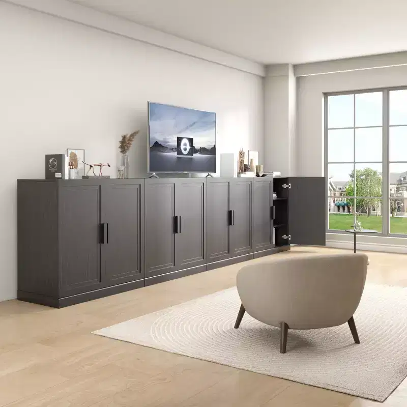 31x124x16 Wood Accent Cabinet in Black, Storage Organizer with Adjustable Shelves for Kitchen Bedroom Entryway Living Room Dinning Room