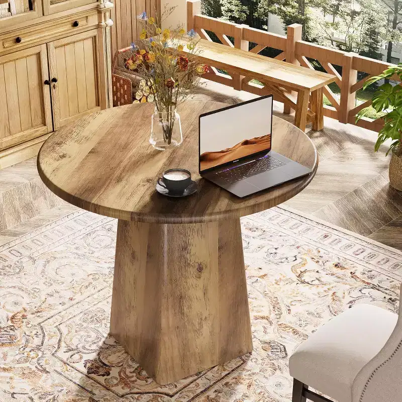 Lantine 31.5-Inch Round Dining Room Table for 2-4, Farmhouse Small Kitchen Dinner Table with Square Base for Dining Room Living Room, Rustic Brown