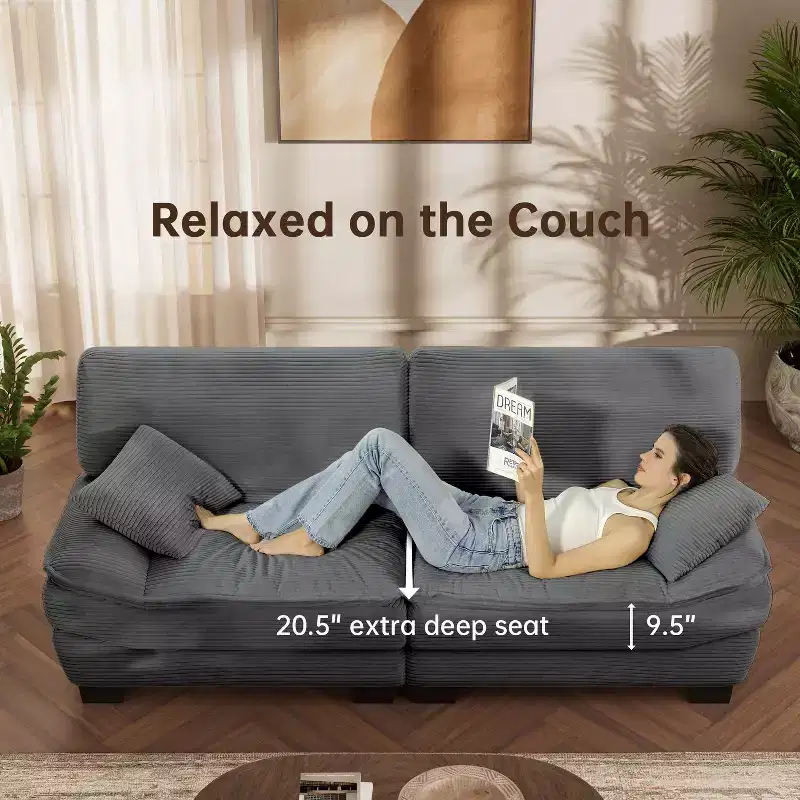 Grey 87 Corduroy Couch with 2 Pillows, Sailboat-Shape Deep Seat Sofa for Living Room, Small Space, Office, Apartment