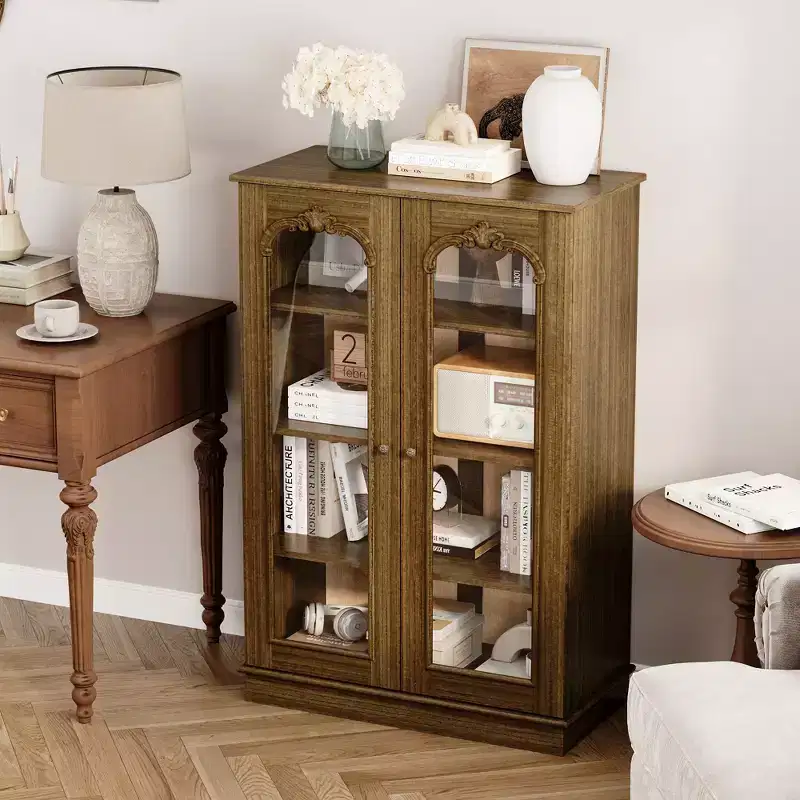 Vintage Pine Display Cabinet with Glass Doors and Intricate Wood Carvings