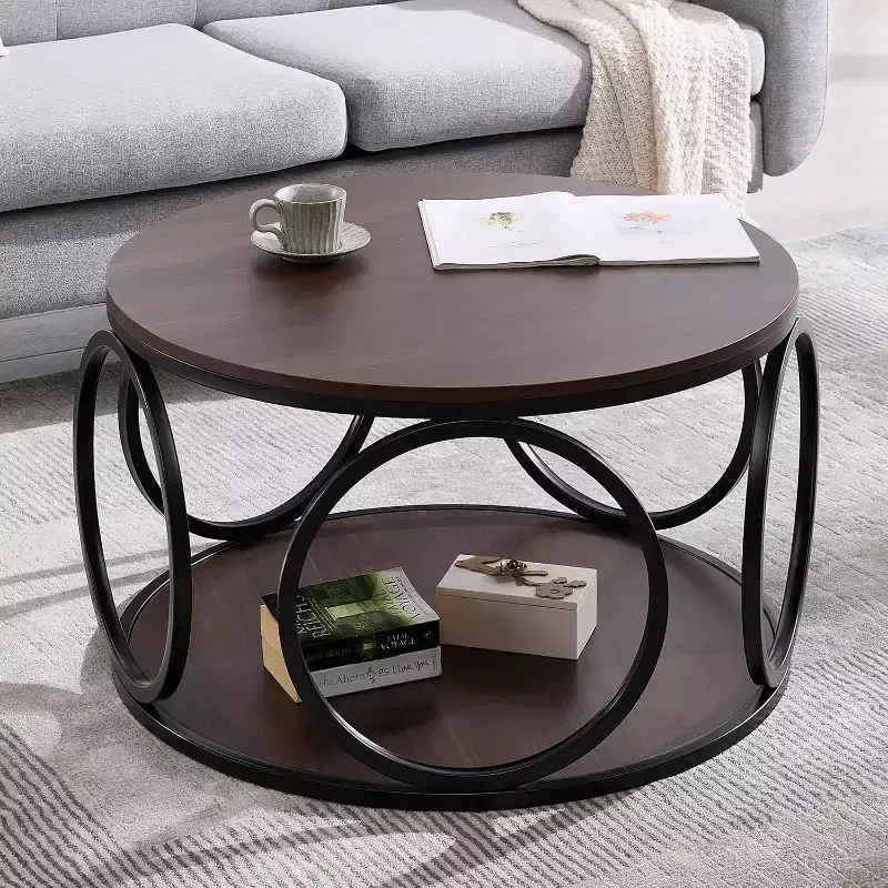 Bekrvio 31.5 2 Tier Industrial Round Coffee Table, Modern Round Wood Coffee Table with Sturdy Circle Metal Frame for Living Room, Walnut