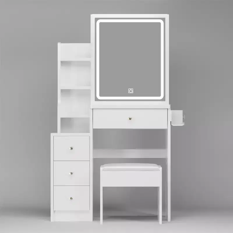 Makeup Vanity Desk, Vanity Table Set With Stool, Right Sliding Mirror, Multi Layer Storage Shelves, 4 Drawers, Dressing Table White