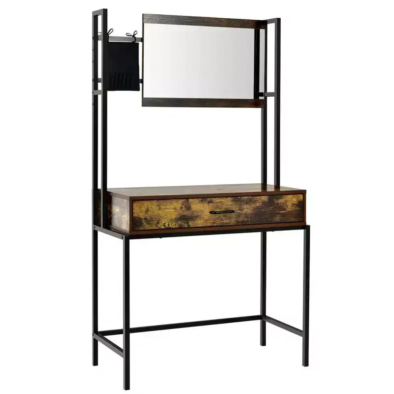 Costway Industrial Vanity Table with 3-Height Adjustable Mirror Storage Bag Large Drawer