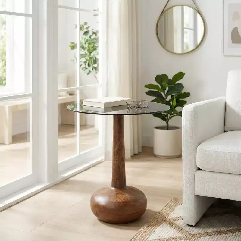 Elegant Glass-Top Wood Pedestal Side Table for Living Room Accent - Sculptural Narrow End Table for Entryway Styling - 21, Brown & Clear