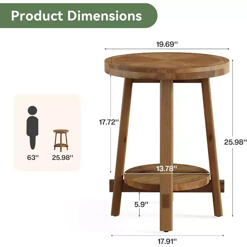 Solid Wood Round Side Table, 2-Tier Farmhouse End Table for Small Spaces, Brown