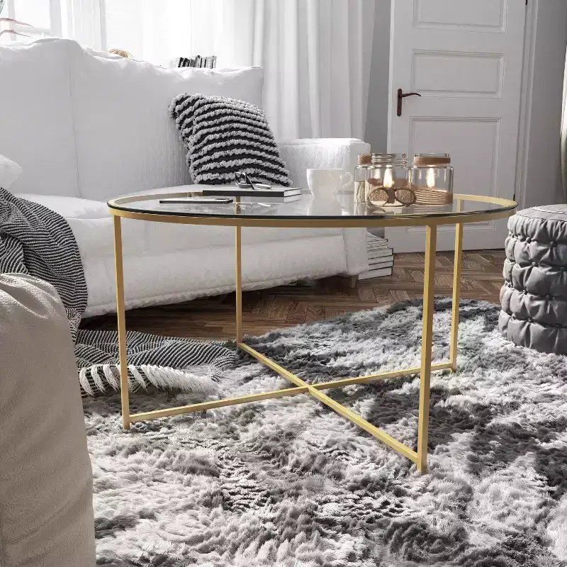 Glass Living Room Coffee Table with Crisscross Metal Frame