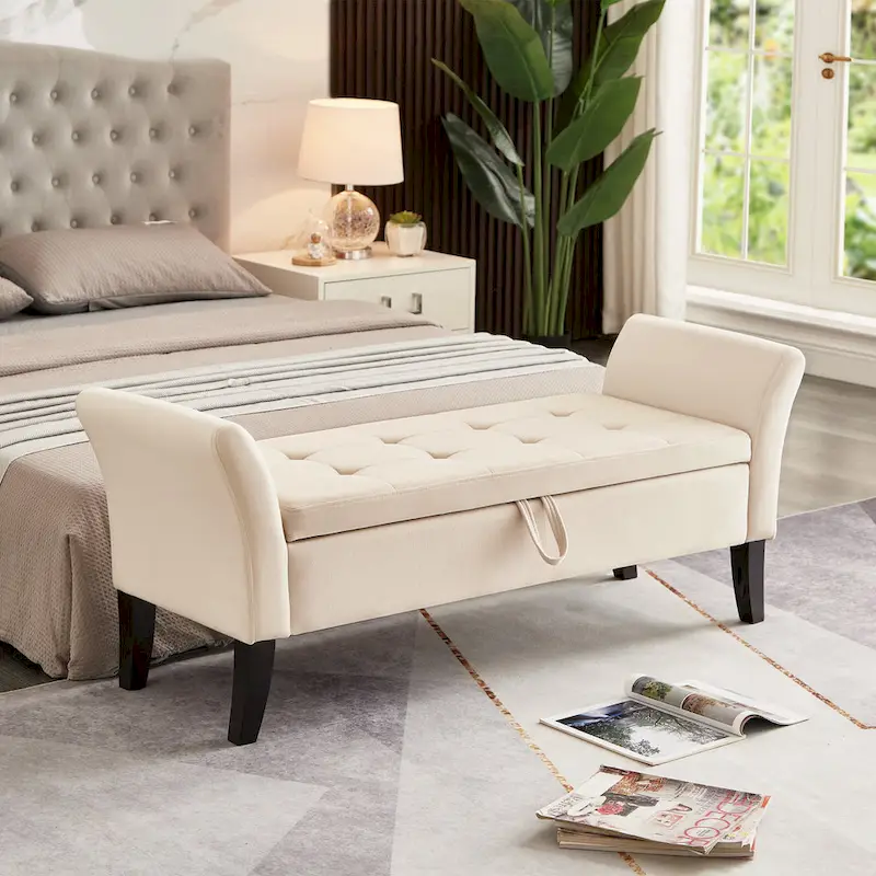 Grey / Orange / Beige Velvet Storage Bed Bench for 1–2 Person