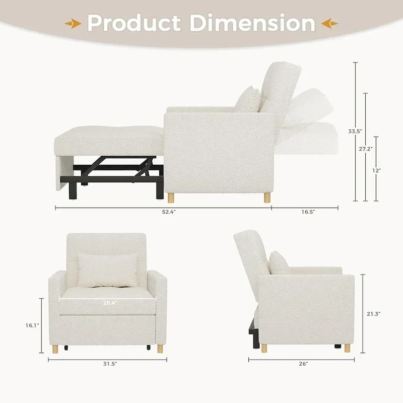 AECOJOY 3 in 1 Sleeper Sofa Chair w/ Pillow &Convertible Backrest