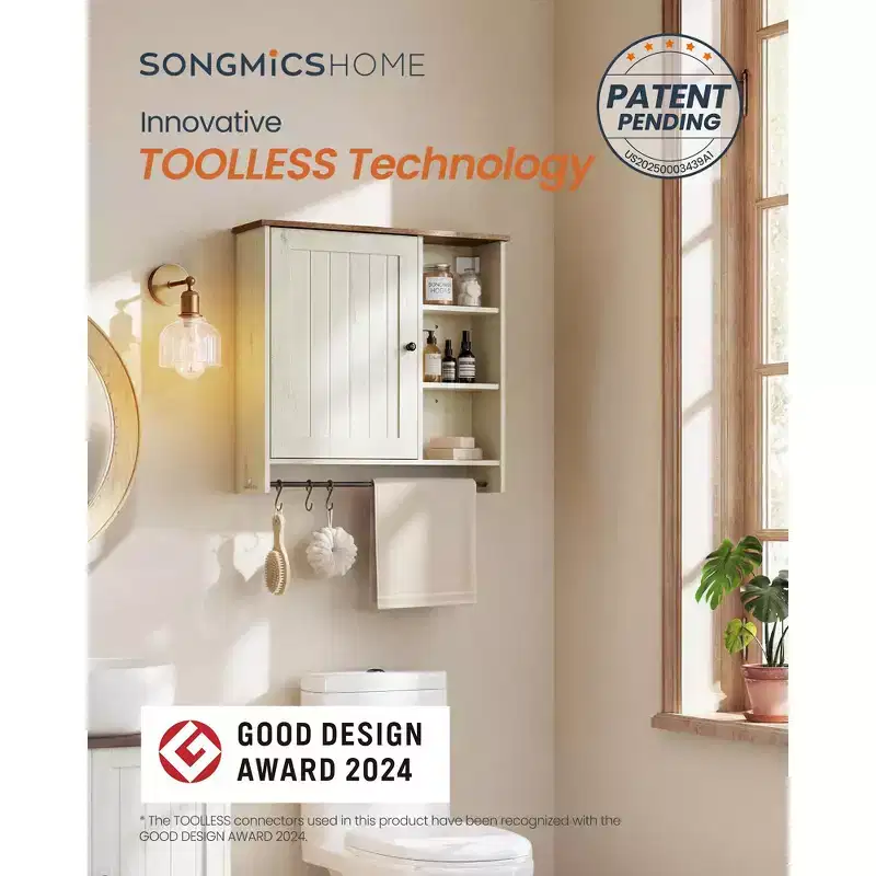 SONGMICS Home Wall Cabinet, Superfast Toolless Assembly, Farmhouse Medicine Cabinet with Adjustable Shelves and Door, Rustic White and Honey Brown