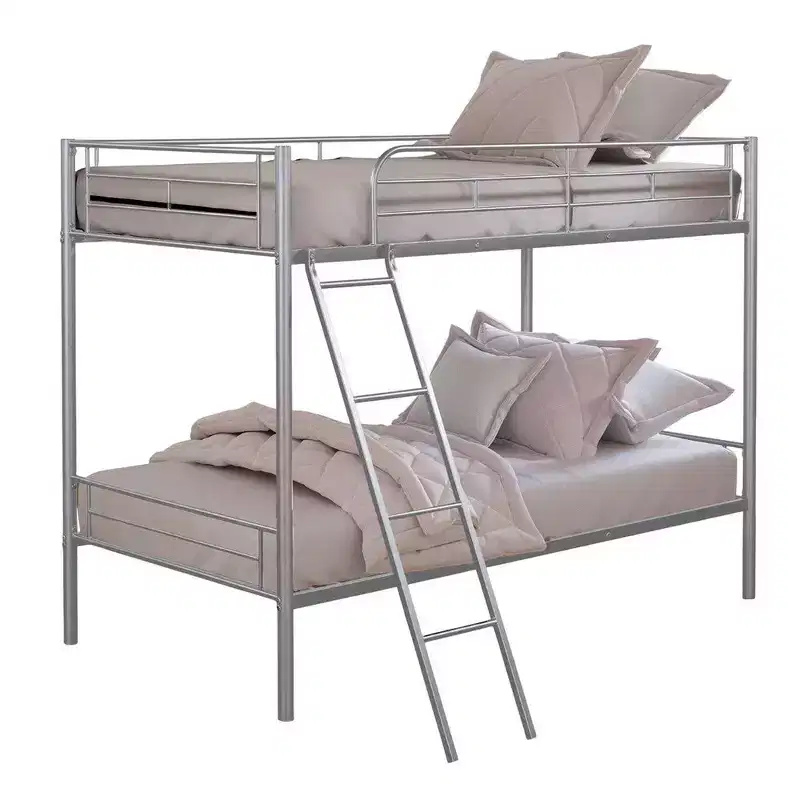 Royal Hampton Twin Over Twin Bunk Bed, Silver Metal Frame, Attached Ladder