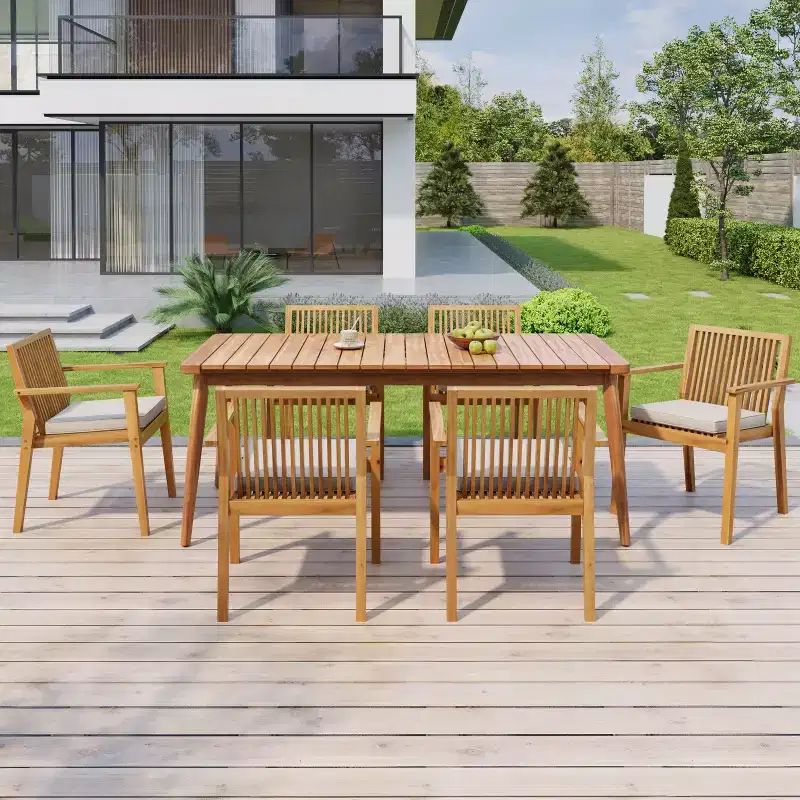 Christopher Knight Home Ahri Farmhouse 7 Piece Patio Acacia Wood Dining Set with Cushions