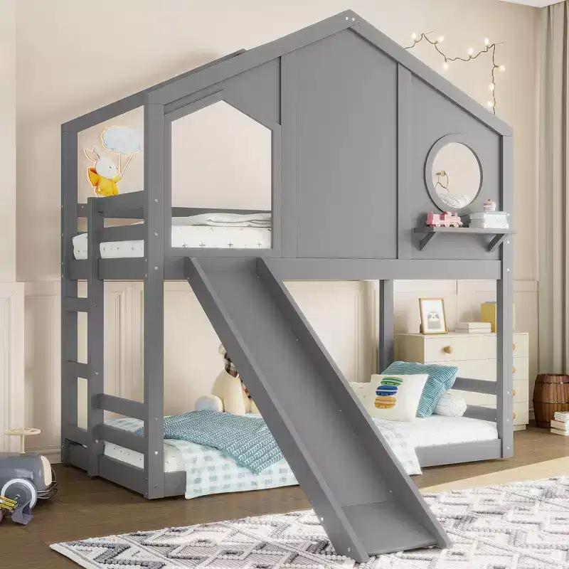 Twin over Twin House Bunk Bed with Slide and Storage Shelves, Wood Bunk Bed Frame with Window for Kids