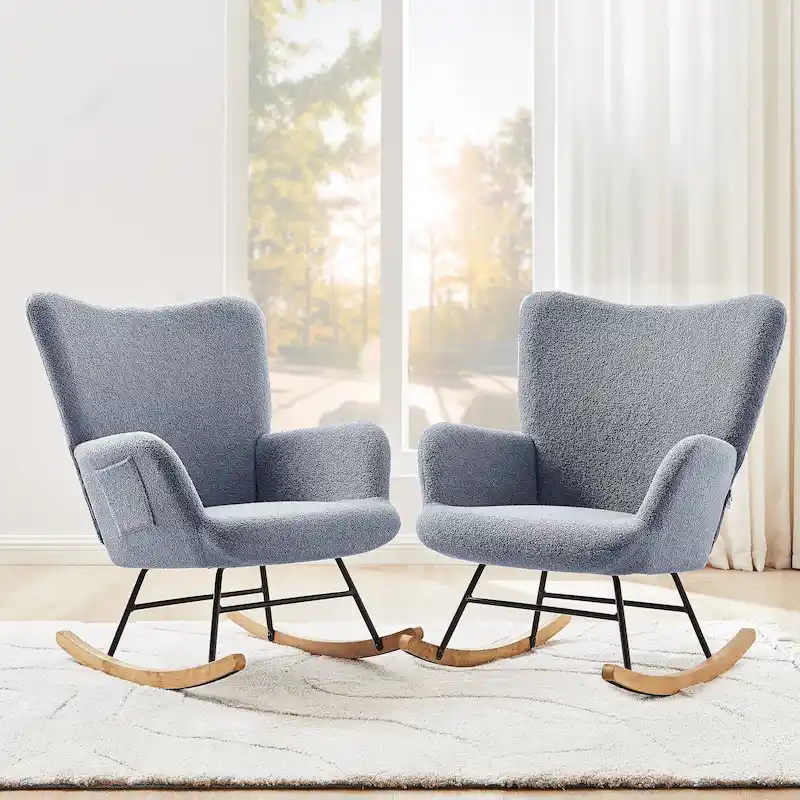 Set of 2 Upholstered Teddy Rocking Accent Chairs with Storage Pockets, Grey White Pink