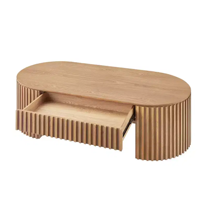 GDFStudio Manuel Modern Wooden Oval Pedestal Coffee Table with Drawer and Handcrafted Relief