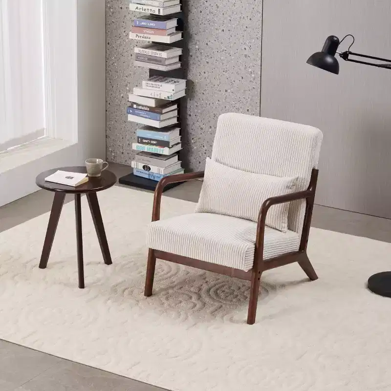 Mid Century Modern Accent Chair - Beige, Rubberwood Frame