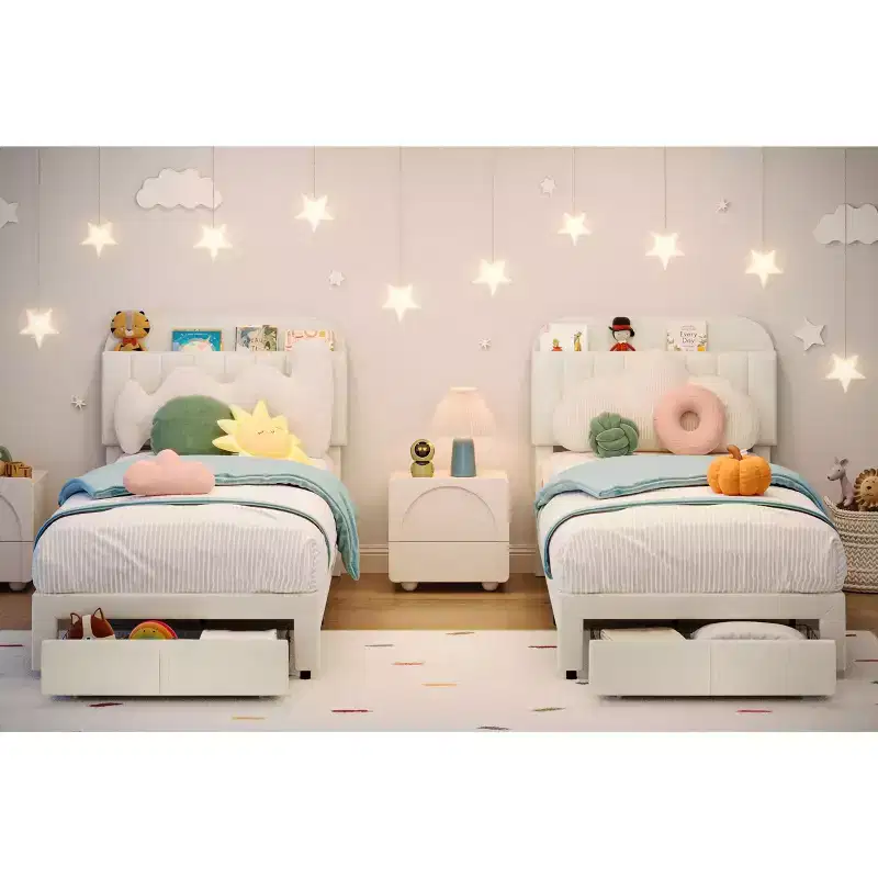 2 Pack Velvet Upholstered Twin Bed Frame with Drawer & Storage Headboard, No Box Spring Needed, Noise-Free Beige
