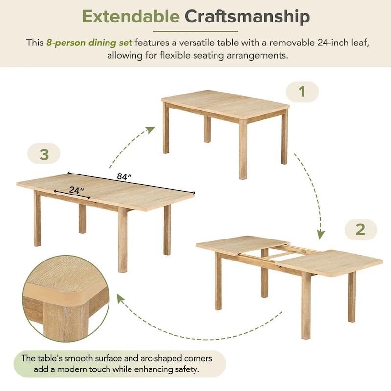 Rustic Extendable Dining Table Set with 24inch Removable Leaf, 6 Upholstered Armless Dining Chairs and 2 Padded Arm Chairs