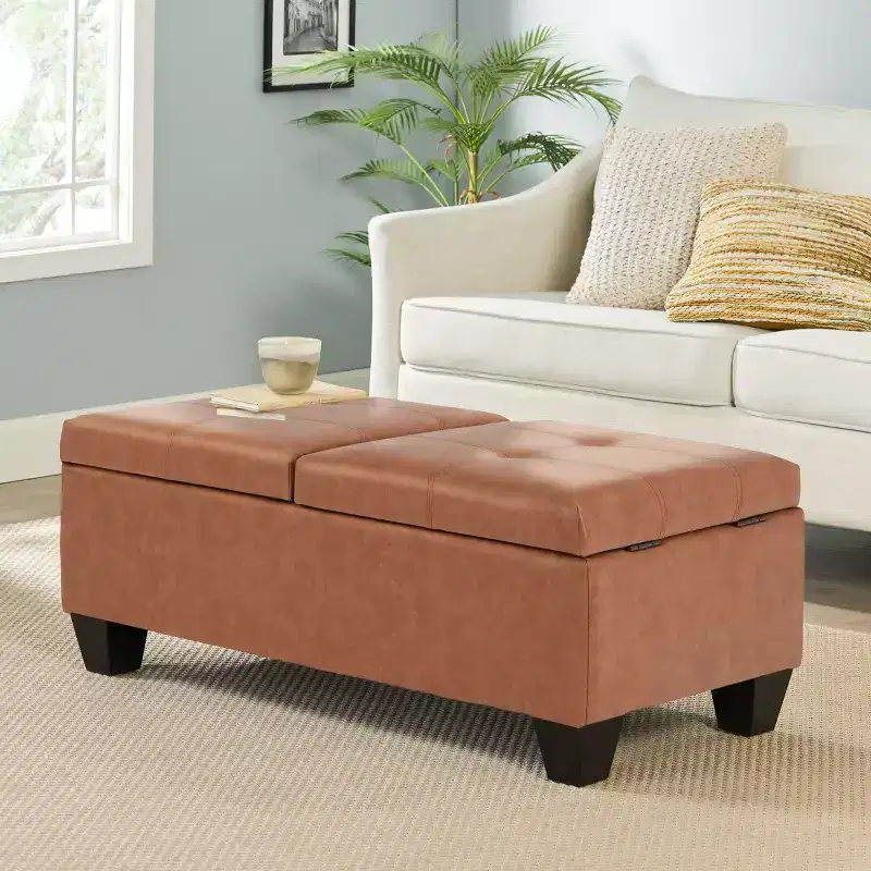 Elegent Storage Ottoman with Double Top Doors, Storage Bench with Faux Leather Surface, End Of Bed Bench for Living Room, Bedroom