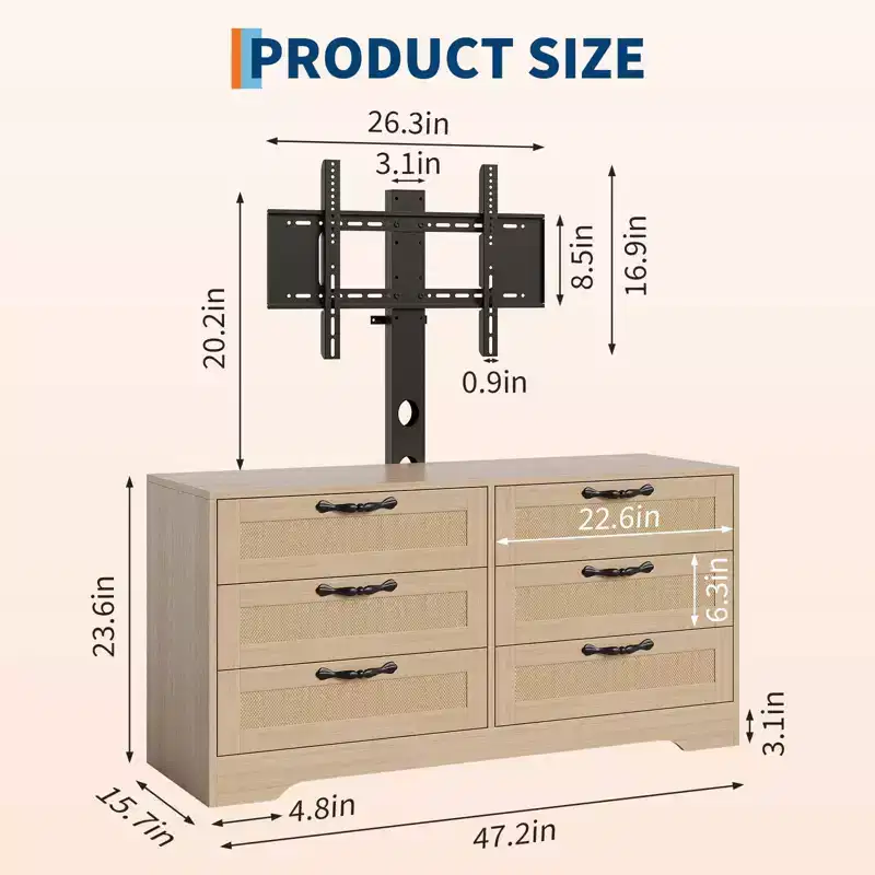Wood & Rattan TV Stand with Mount 6-Drawer 47.2''W x 43.8''H x 15.7''D