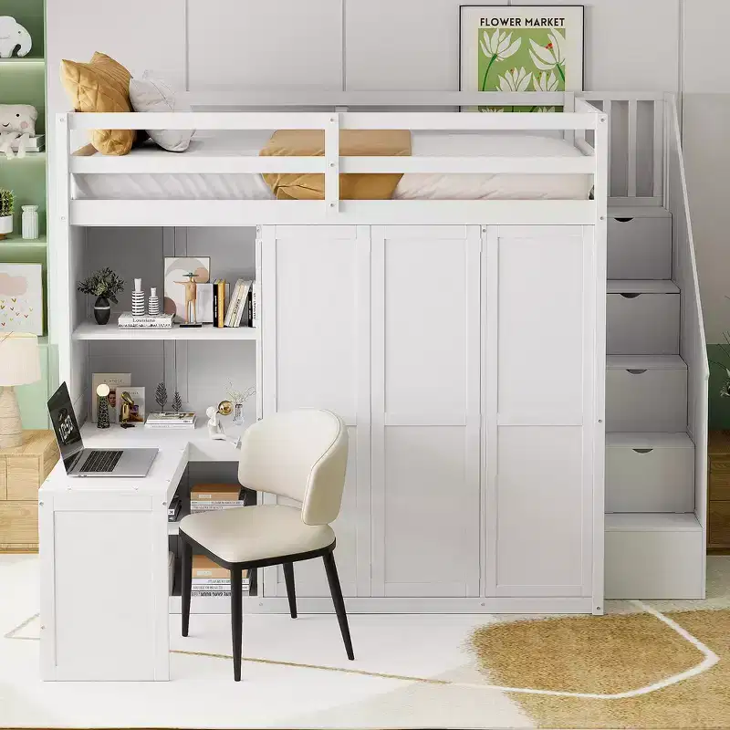 Whisen Full Size Loft Bed, Wardrobe Racks, Foldable Shelves & Desks for Organized Living