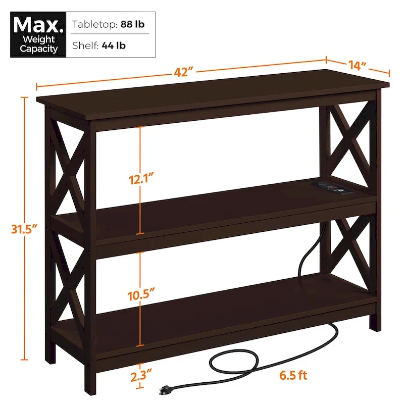 Yaheetech 3-Tier Wooden Console Table with Power Outlet Sofa Side Table
