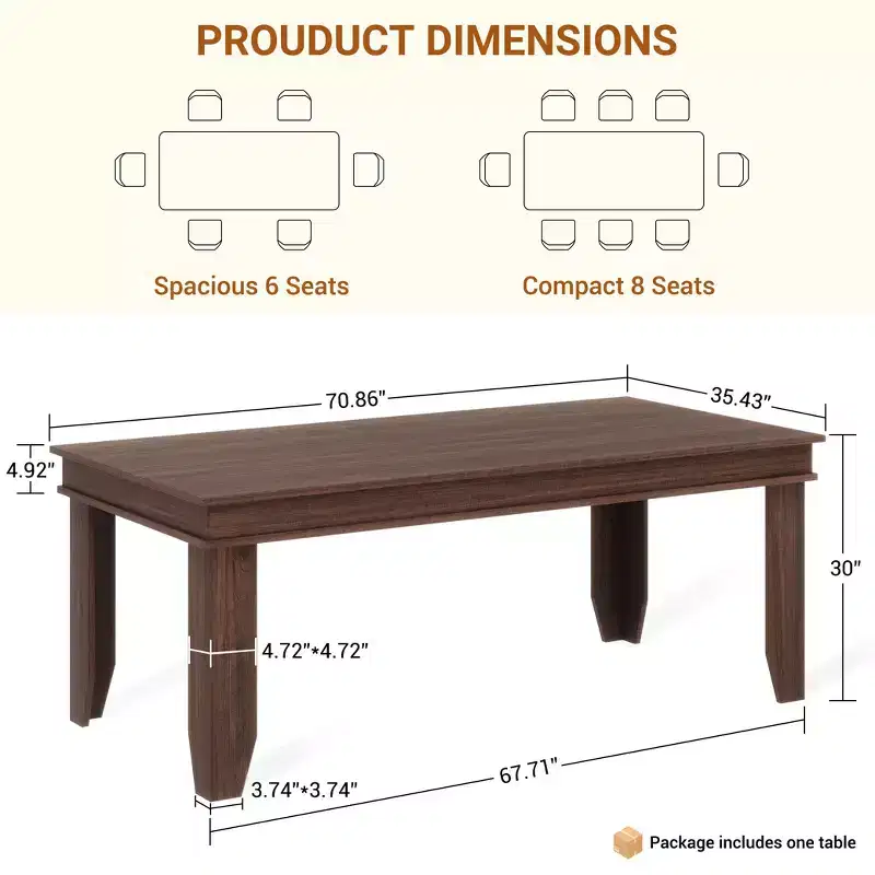 70.87 Inch Farmhouse Dining Table for 6-8 People, Thickened desktopRectangle Dining Room Table with Strong Legs for Living Room, Restaurant