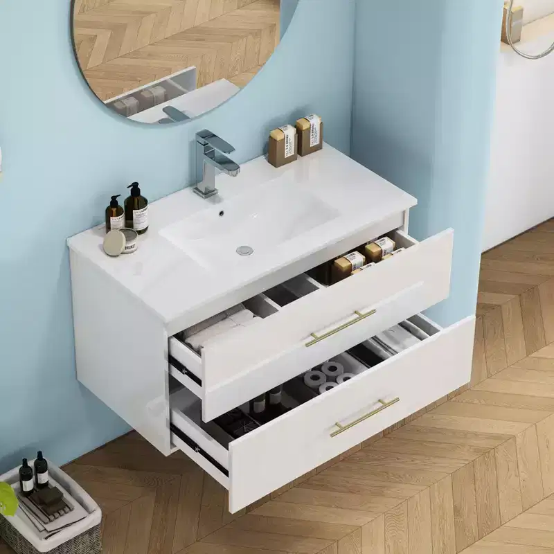 Bathroom Vanity Wall-Mounted with Sink, Double Drawers, Ceramic Sink, Long Metal Handle, Easy to Install