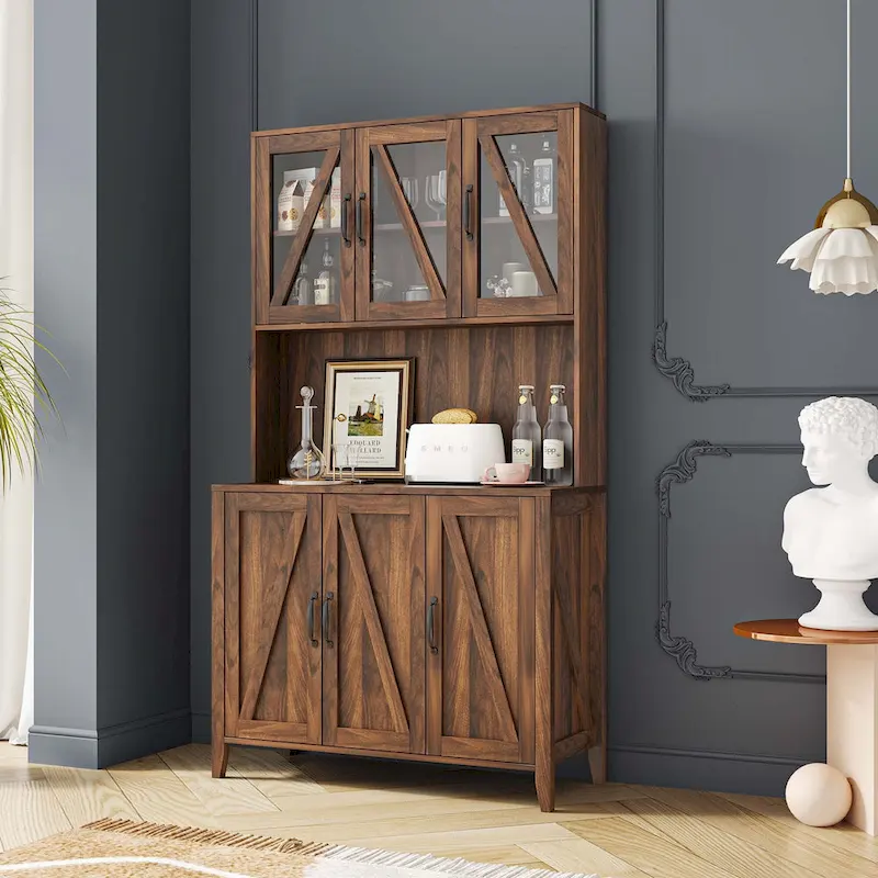 Large Kitchen Pantry Storage Cabinet with Glass Doors,Drawers & Open Shelves