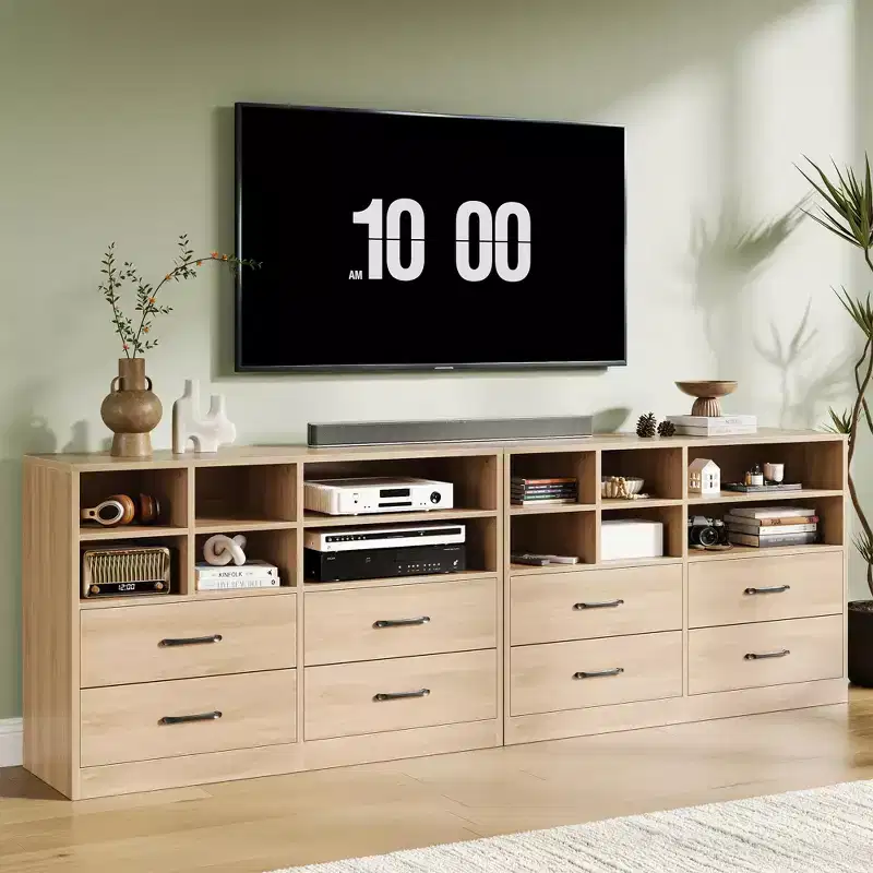 2PCS Wood Dresser for Bedroom with Adjustable Shelves, Modern Chests of Drawers with Open Storage, TV Stand for Living Room, Hallway
