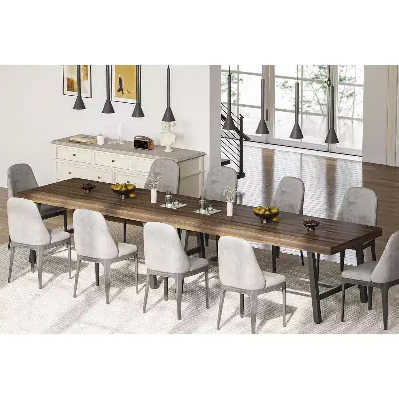 71 Large Dining Table, Farmhouse Dining Table for 8-12, Brown Wood 6-10 Seater w/Adjustable Feet, Kitchen/Dining/Living Room