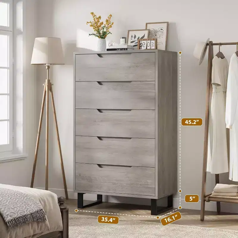Five-Drawer Dresser with Adjustable Metal Legs and Wide Tabletop