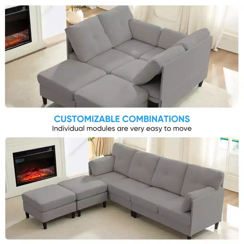 Mjkone Modular Convertible Sectional Sofa Couch, Upholstered Comfy Fabric 4-Seater Sofa with Movable Ottomans