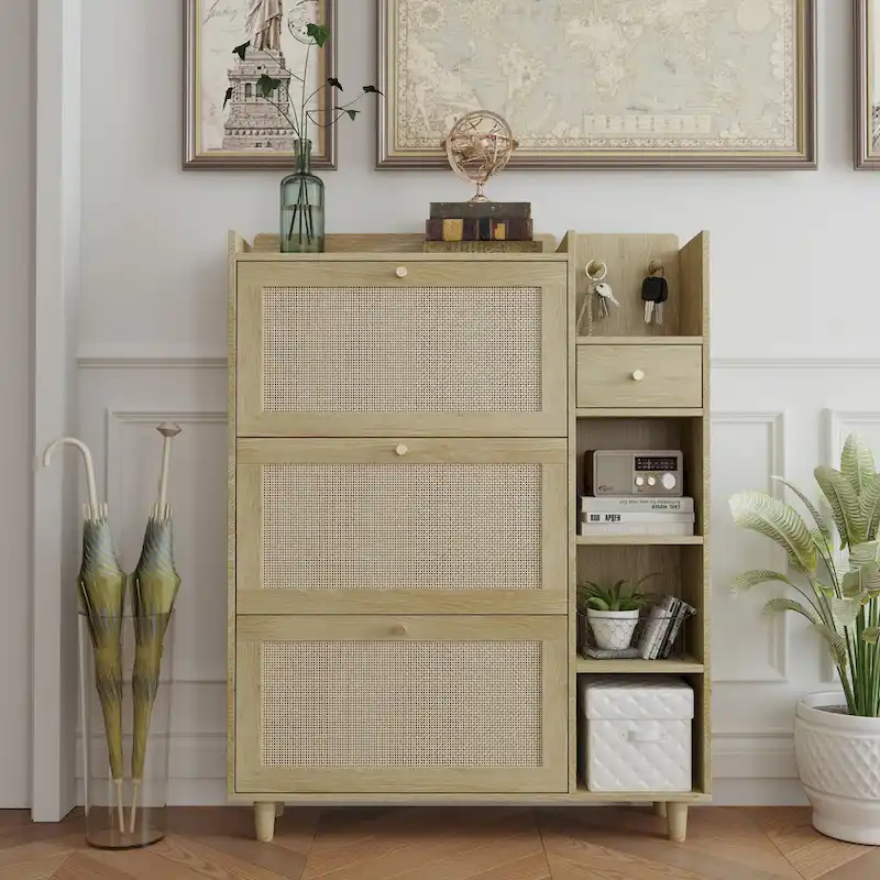 Rattan Flip-Door Shoe Cabinet – Natural Wood, 3 Shelves & Storage Drawer, Holds 18 Pairs