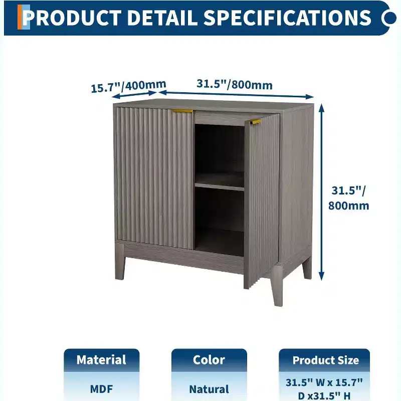 32'' Fluted Cabinet with Storage, 2 Doors Sideboard Buffet, Mid Century Modern Accent Cabinet with Adjustable Shelves