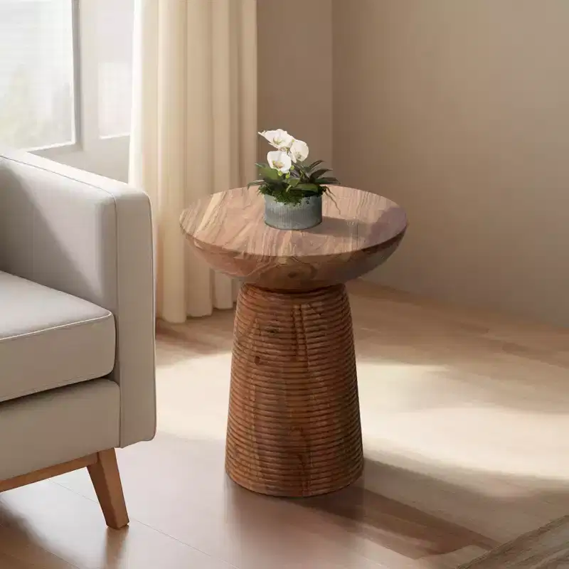 Accent Table Wood Ribbed Base Casual Style for Living Room Bedroom Office - 20 Brown