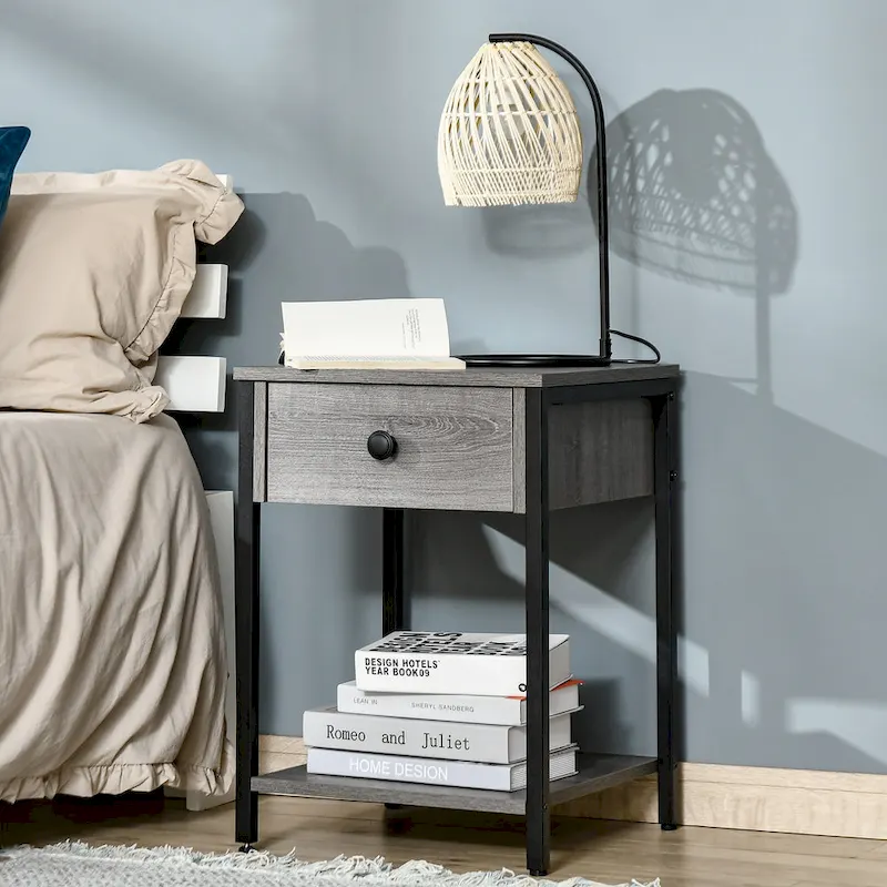 HOMCOM Industrial Side Table with Storage Shelf, Accent Table with Drawer for Living Room, or Bedroom, Rustic Brown