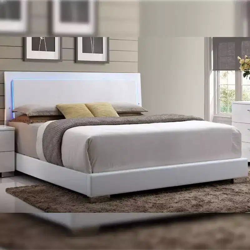 85-inch large double bed with LED lights and faux leather headboard