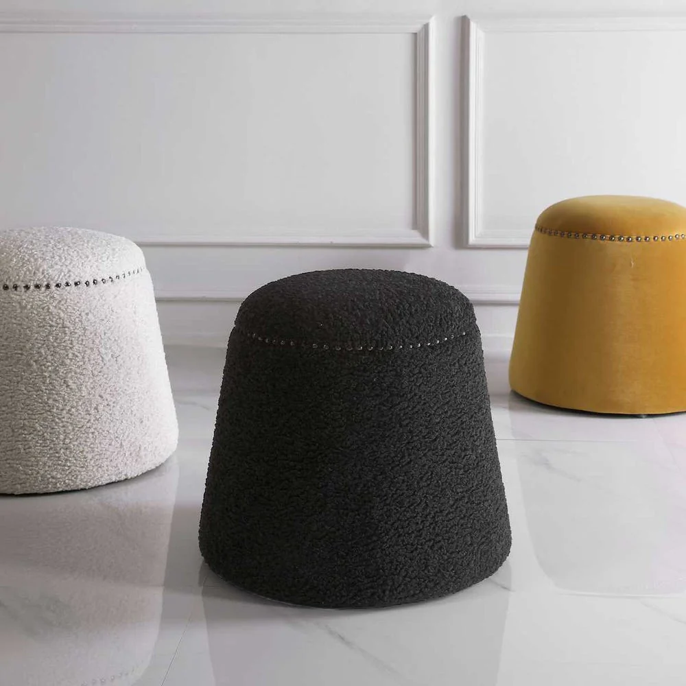 Plush Faux Shearling Ottoman with Nail Head Details