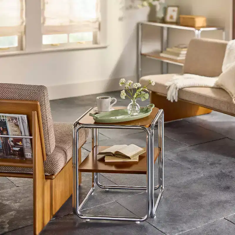 Square Accent Table with Chrome Frame - Brown Wood Shelves