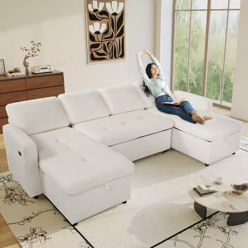 Dyonery 4-Seat Modular Sectional Sleeper Sofa with Pull Out Bed,Chenille U Shaped Sectional Sofa with USB Ports/Adjustable Backrest,Tool-Free Assembly