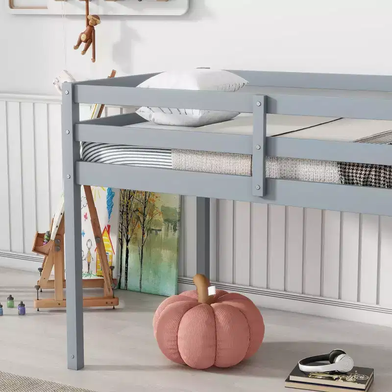 Twin High Loft Bed with Integrated Desk & Safety Guardrail, Solid Rubberwood, Grey