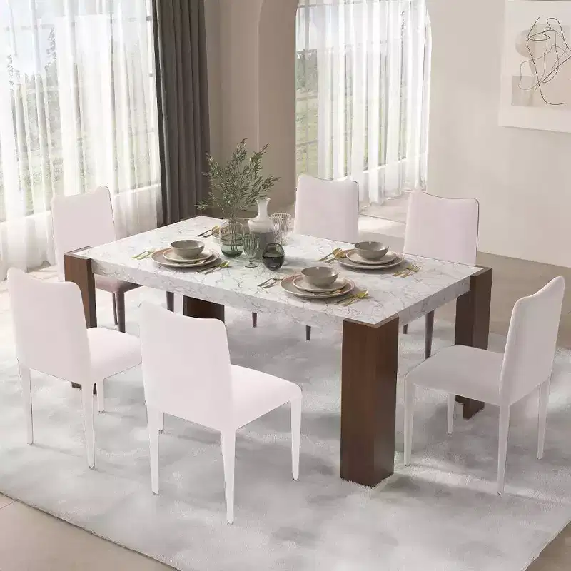 Dining Table with Engineering Stone Top, Brown Finish, Modern Kitchen or Dining Room Table