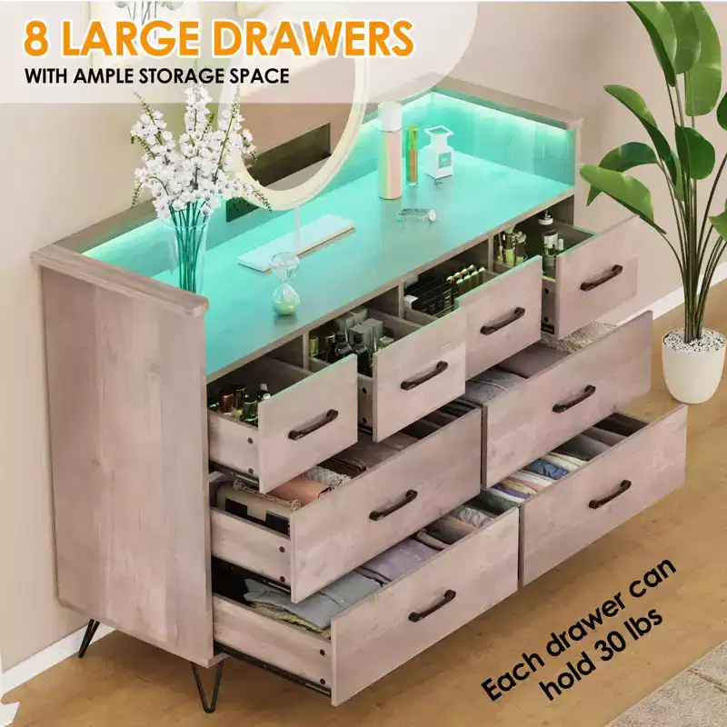 8-Drawer Dresser with Power Outlet, LED Lights & Gold Handles, Modern Wood Chest, White