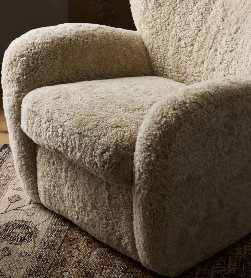 Chair in Beige Shearling - Overall Dimensions: 31 W x 35 D x 30 H | Seat Height: 18 | Seat Depth: 22 | Arm Height: 24 The Chair in Beig¡­