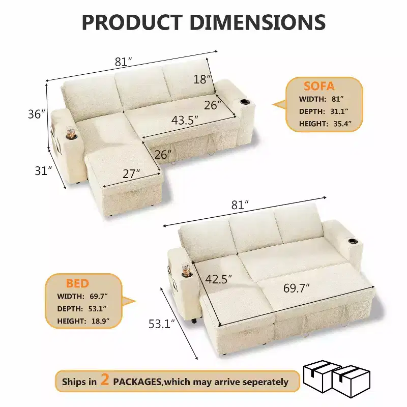 Dyonery 82 Sleeper Sofa Bed, 3-in-1 L-Shaped Reclining Couch with Reversible Storage Chaise, Tool-Free Assembly